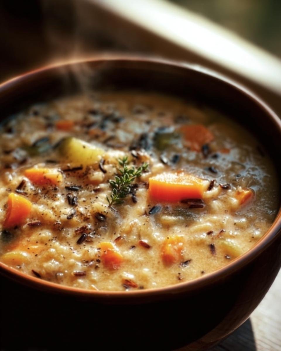 Close-up of a bowl of steaming Wild Rice Soup Recipe with carrots and herbs.