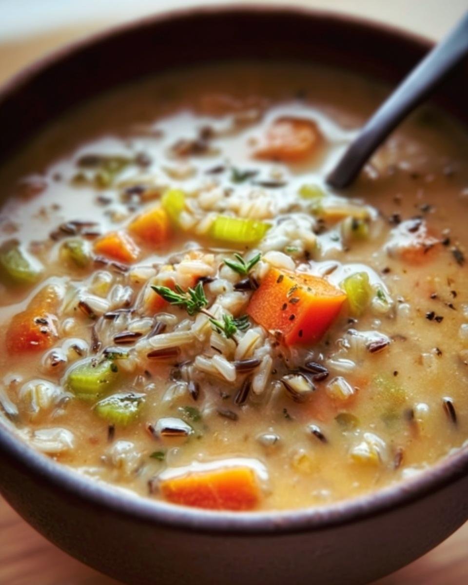 Close-up of a bowl of creamy Wild Rice Soup Recipe with carrots, celery, and herbs.