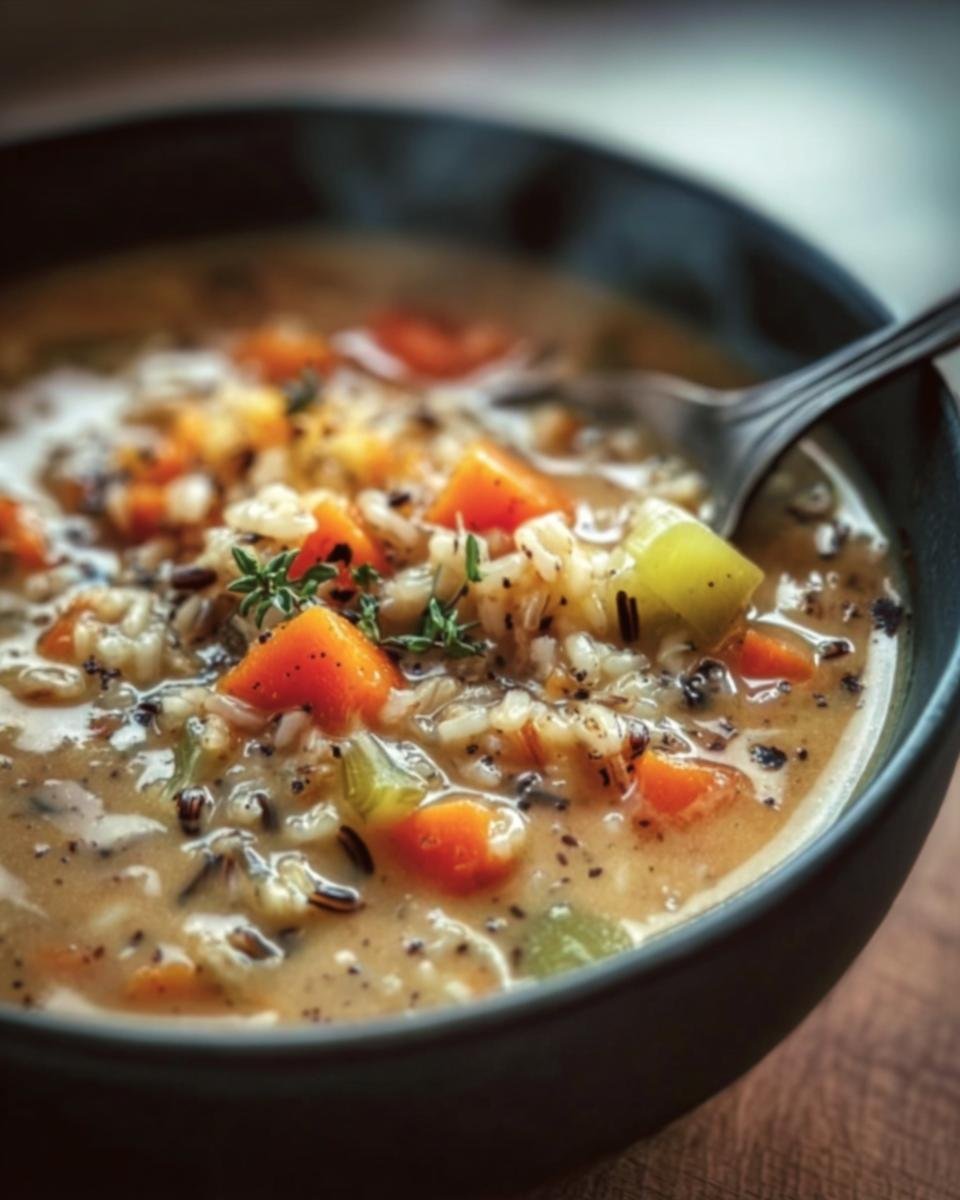 Close-up of a bowl of Wild Rice Soup Recipe with carrots, celery, and herbs, ready to eat.