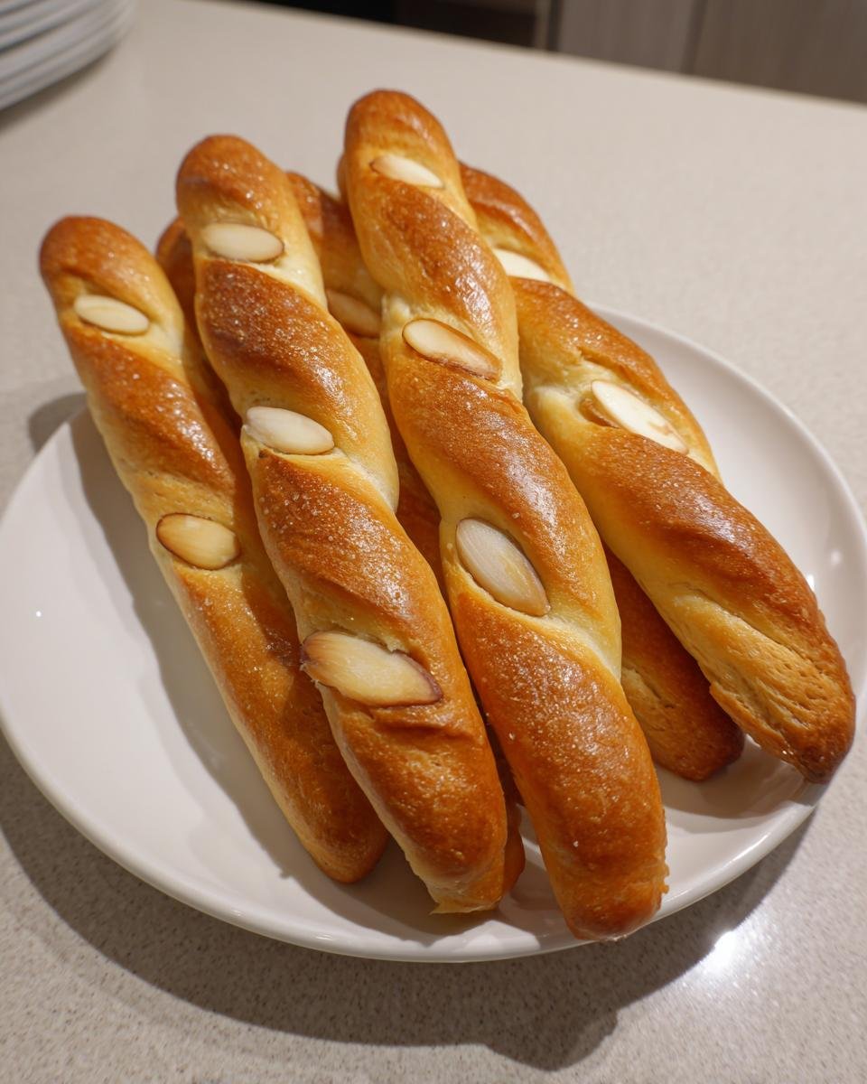 A plate of spooky Witch-Finger Breadsticks, topped with almond 'fingernails' for a Halloween treat.