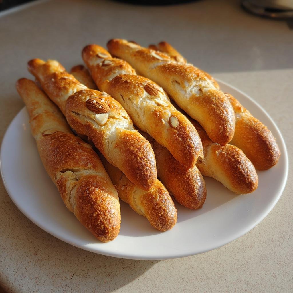 A pile of golden brown Witch-Finger Breadsticks on a white plate, topped with almond 'fingernails'.