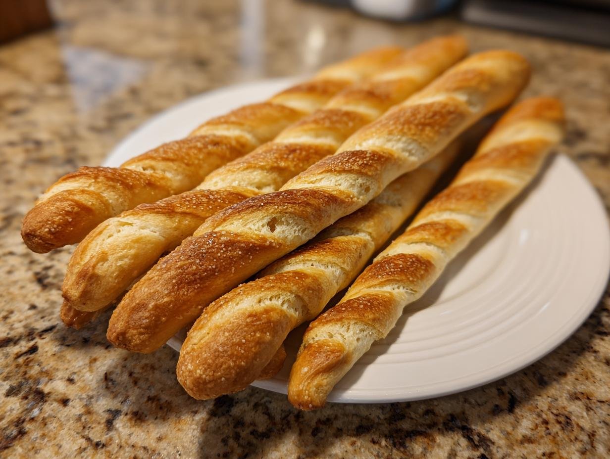 Several Witch-Finger Breadsticks arranged on a white plate, ready for a spooky Halloween treat.
