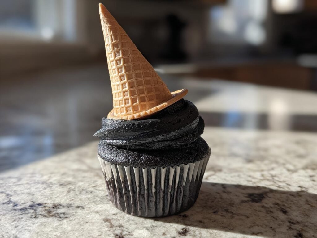 A spooky Witch Hat Cupcake with black frosting and a waffle cone hat.