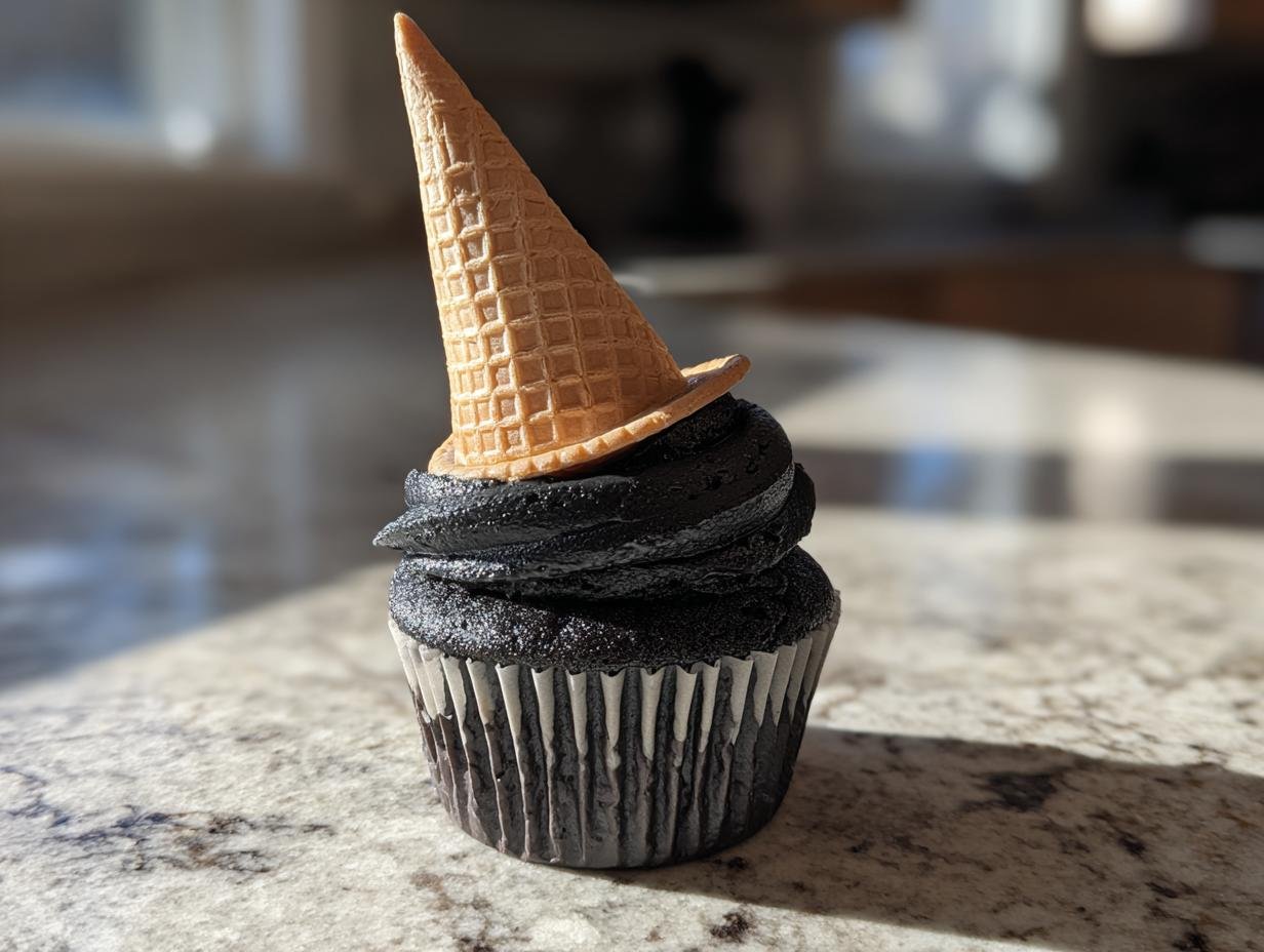 A spooky Witch Hat Cupcake with black frosting and a waffle cone hat.