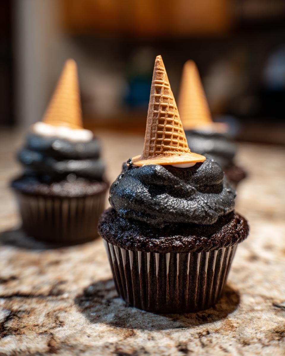 Three Witch Hat Cupcakes with black frosting and waffle cone hats on a granite countertop.