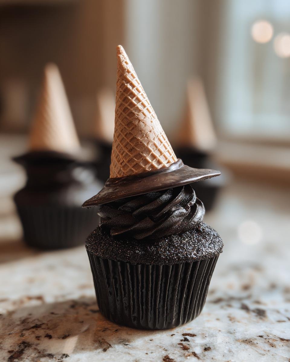 A decorated Witch Hat Cupcake with dark frosting and a cone hat.