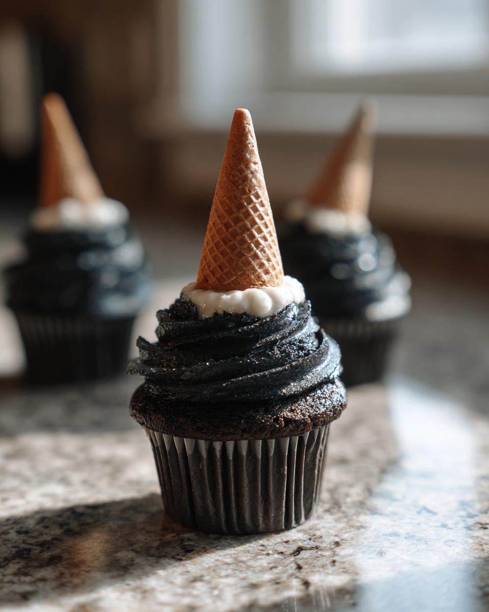 Three Witch Hat Cupcakes with dark frosting and cone hats on a kitchen counter.