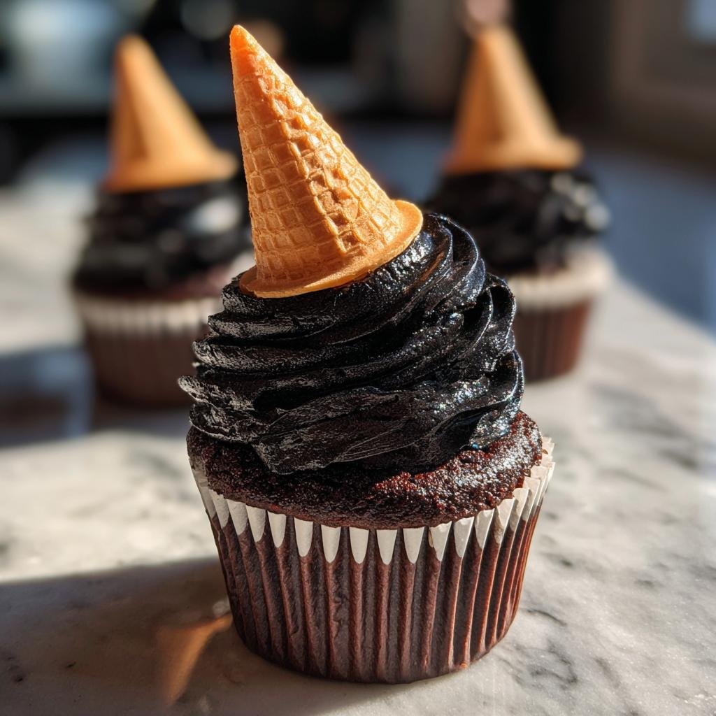 Three Witch Hat Cupcakes with dark frosting and sugar cone hats on a marble surface.