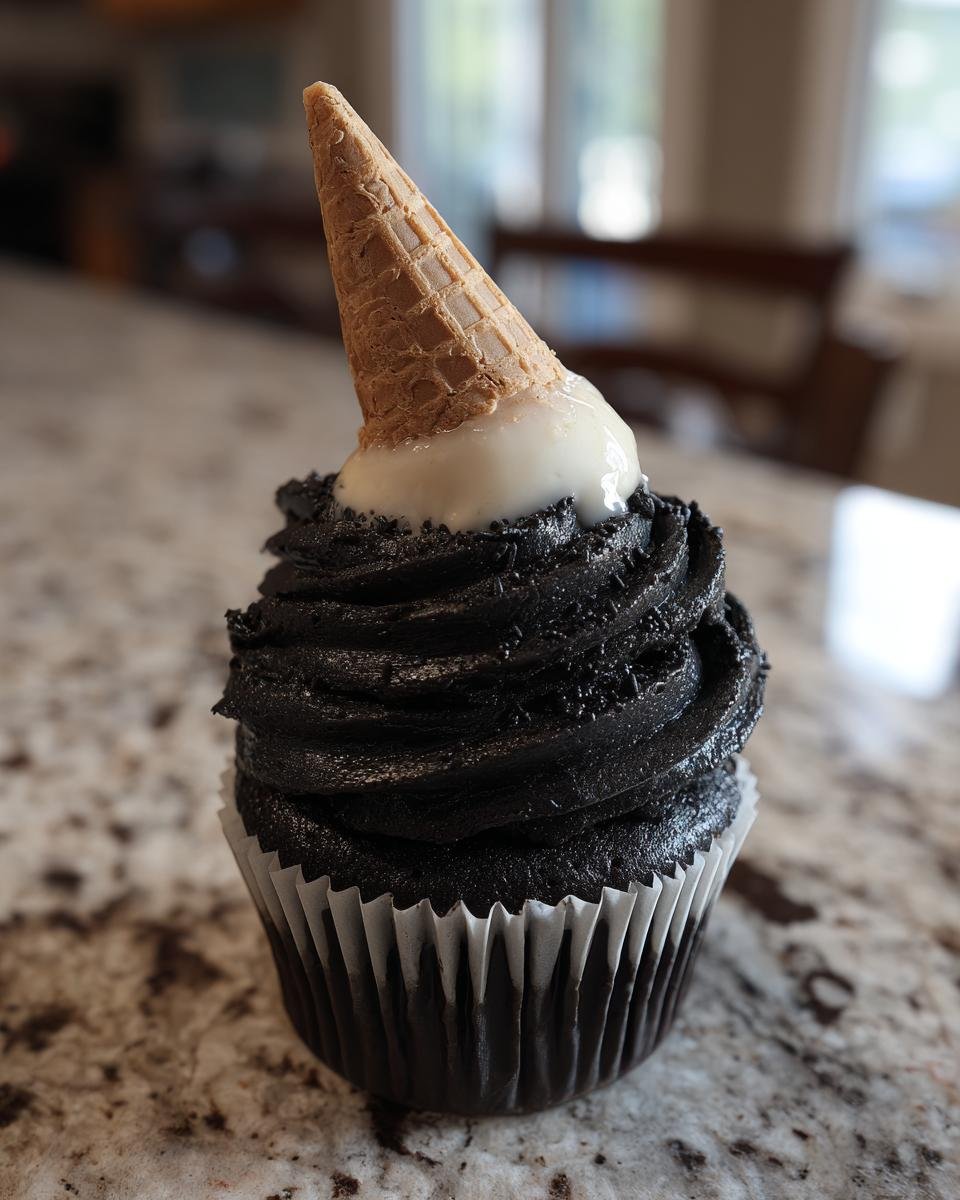 A single Witch Hat Cupcake with dark frosting and a cone 'hat' on a kitchen counter.