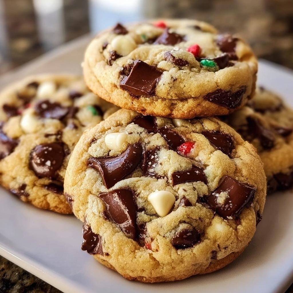 A stack of three Wonderland Chocolate Chip Cookies on a white plate, loaded with dark and white chocolate chunks.