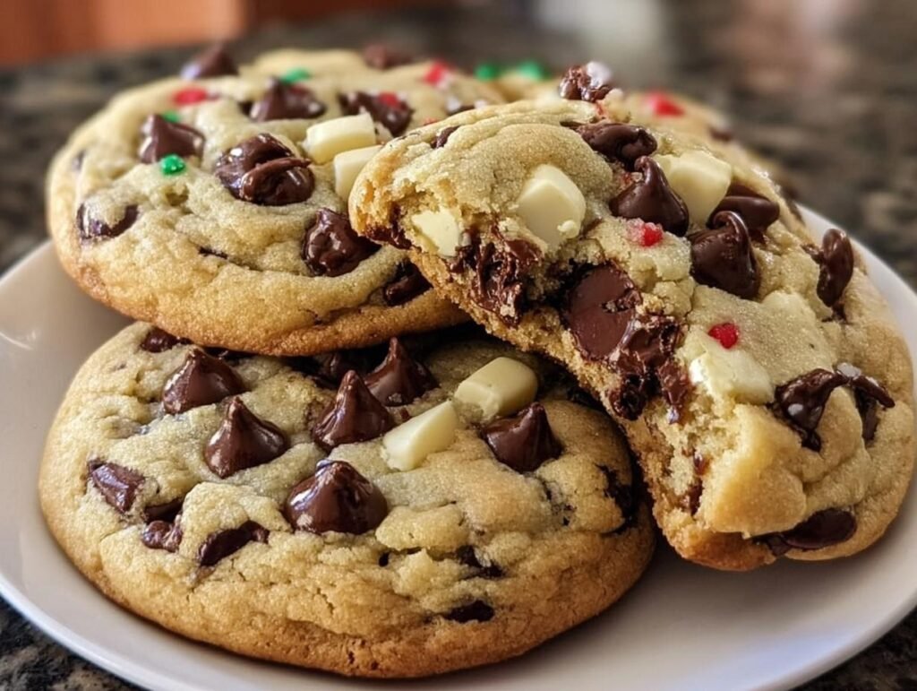 A stack of delicious Wonderland Chocolate Chip Cookies, one broken in half to show the melted chocolate inside.