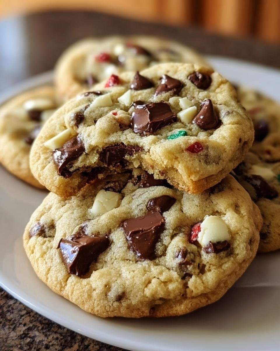 A stack of Wonderland Chocolate Chip Cookies, one with a bite taken out, showing melted chocolate.