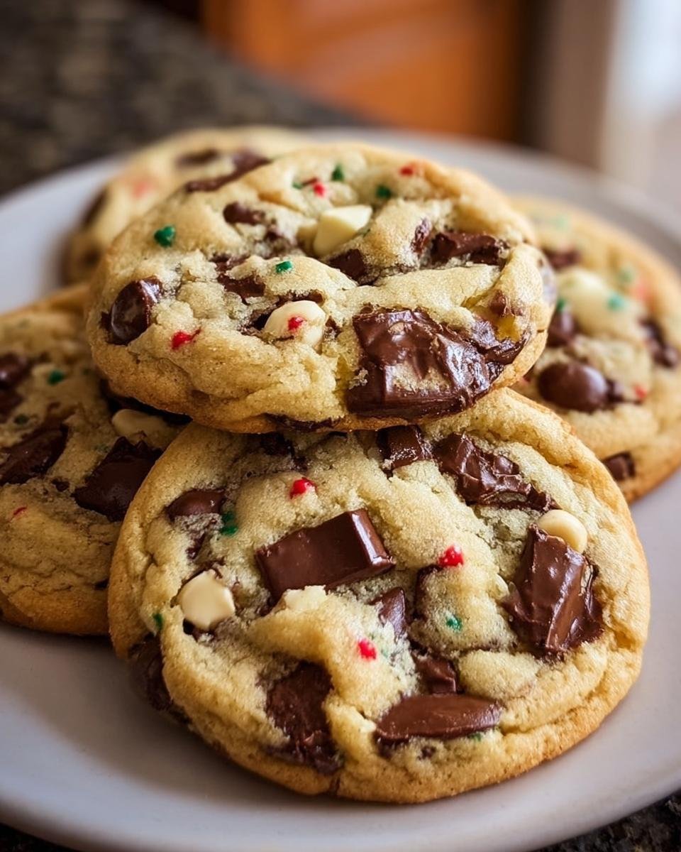 A stack of freshly baked Wonderland Chocolate Chip Cookies on a plate, featuring dark chocolate chunks and colorful sprinkles.