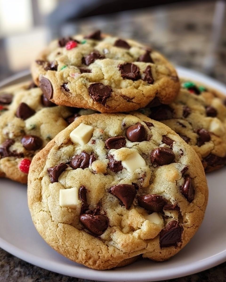 A stack of freshly baked Wonderland Chocolate Chip Cookies with dark and white chocolate chunks.