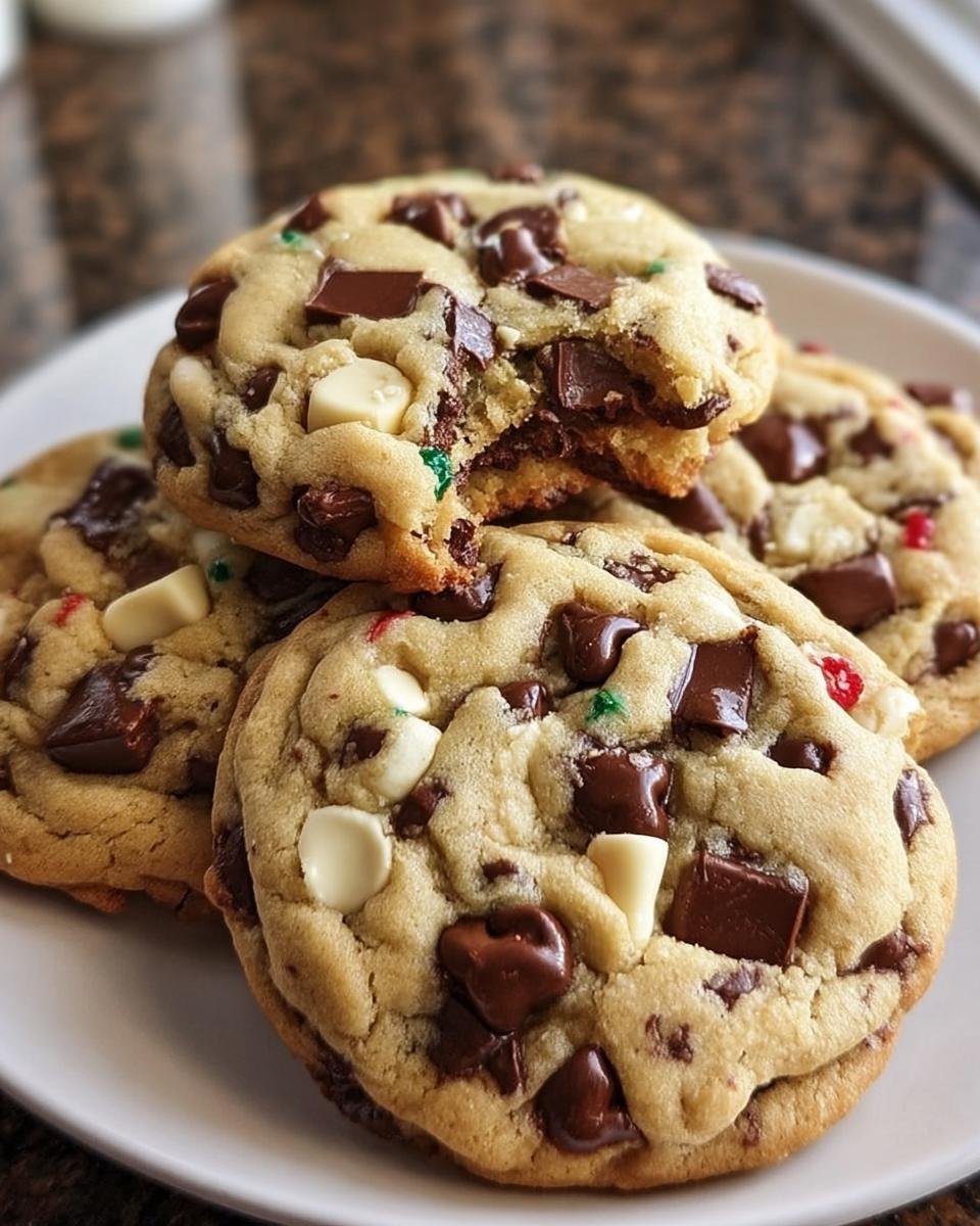 A stack of delicious Wonderland Chocolate Chip Cookies on a white plate, one with a bite taken out.