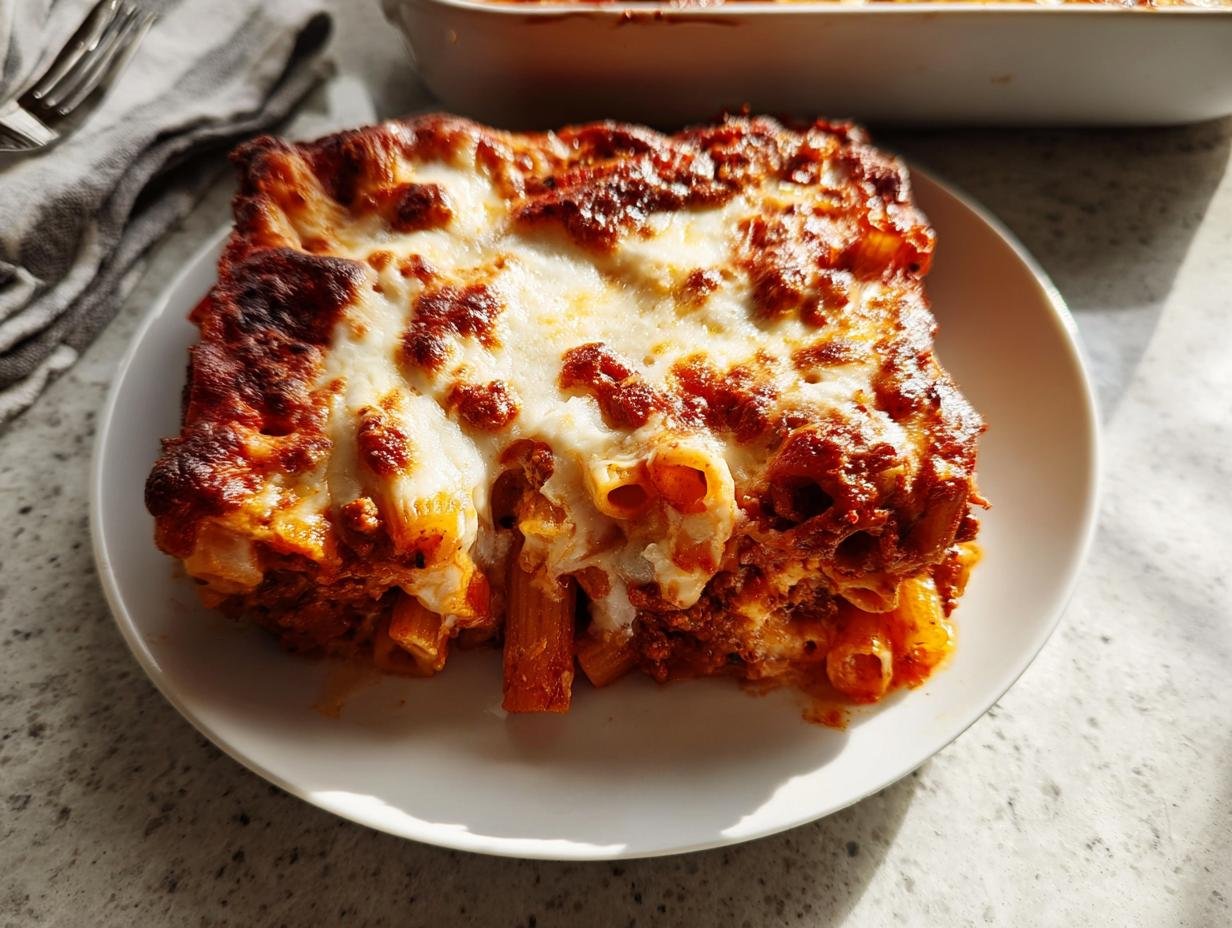 A generous square serving of cheesy Baked Ziti with a browned top crust, served on a white plate.