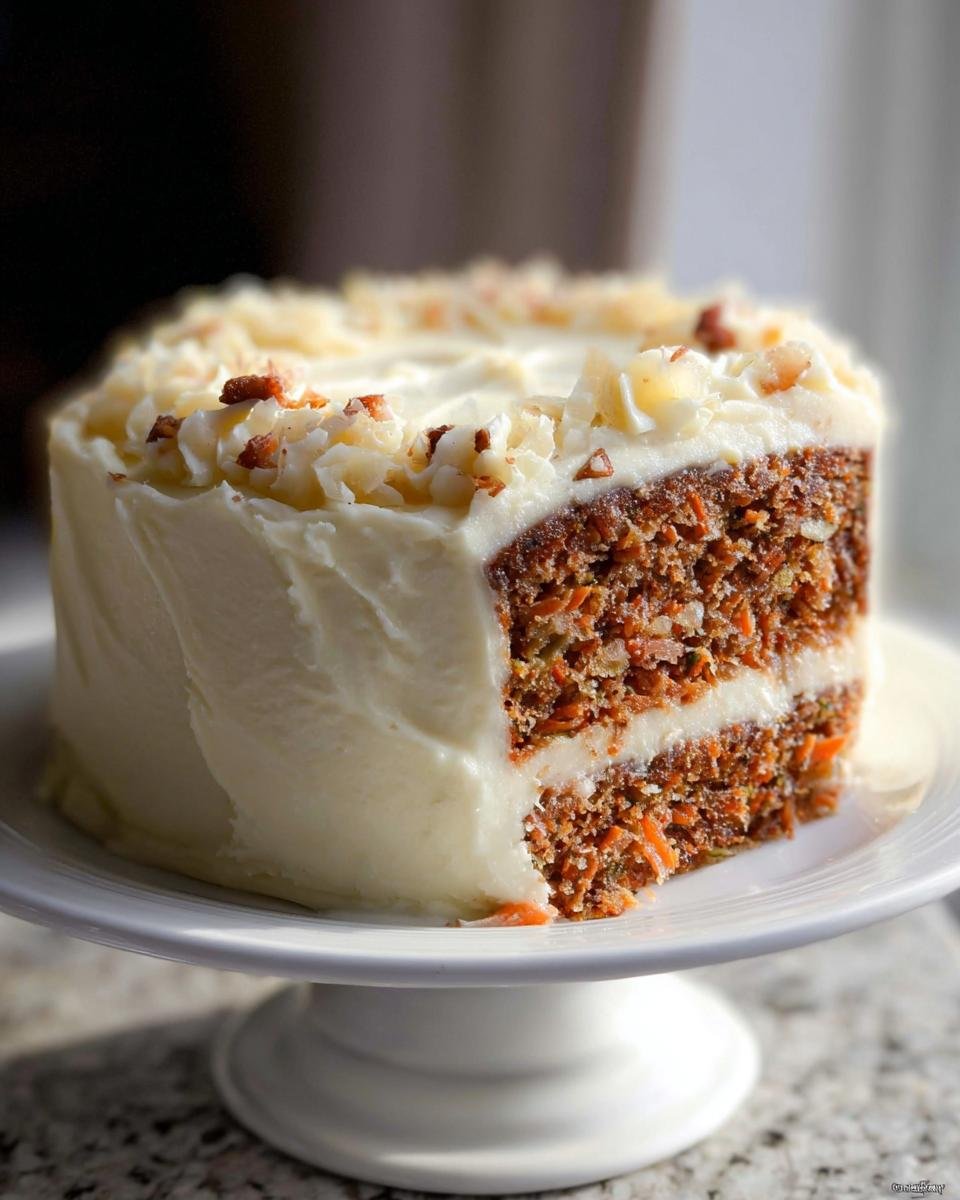 A two-layer Carrot Cake with Pineapple, thickly frosted in cream cheese icing and topped with nuts.