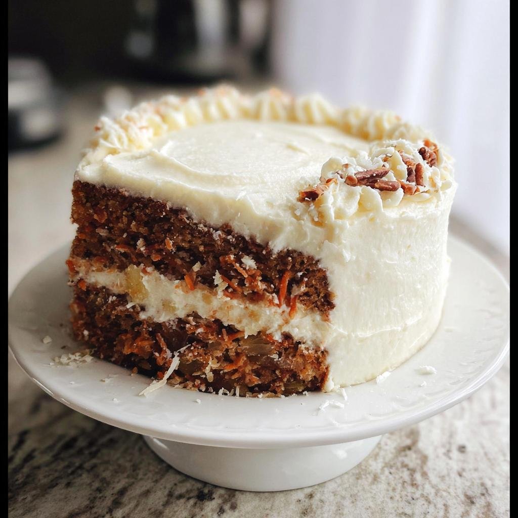 A tall slice cut from a Carrot Cake with Pineapple, showing layers of moist cake, cream cheese frosting, and pineapple chunks.