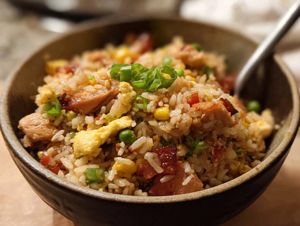 Close-up of a hearty bowl of Chicken Fried Rice topped with green onions, featuring chicken, egg, peas, and corn.