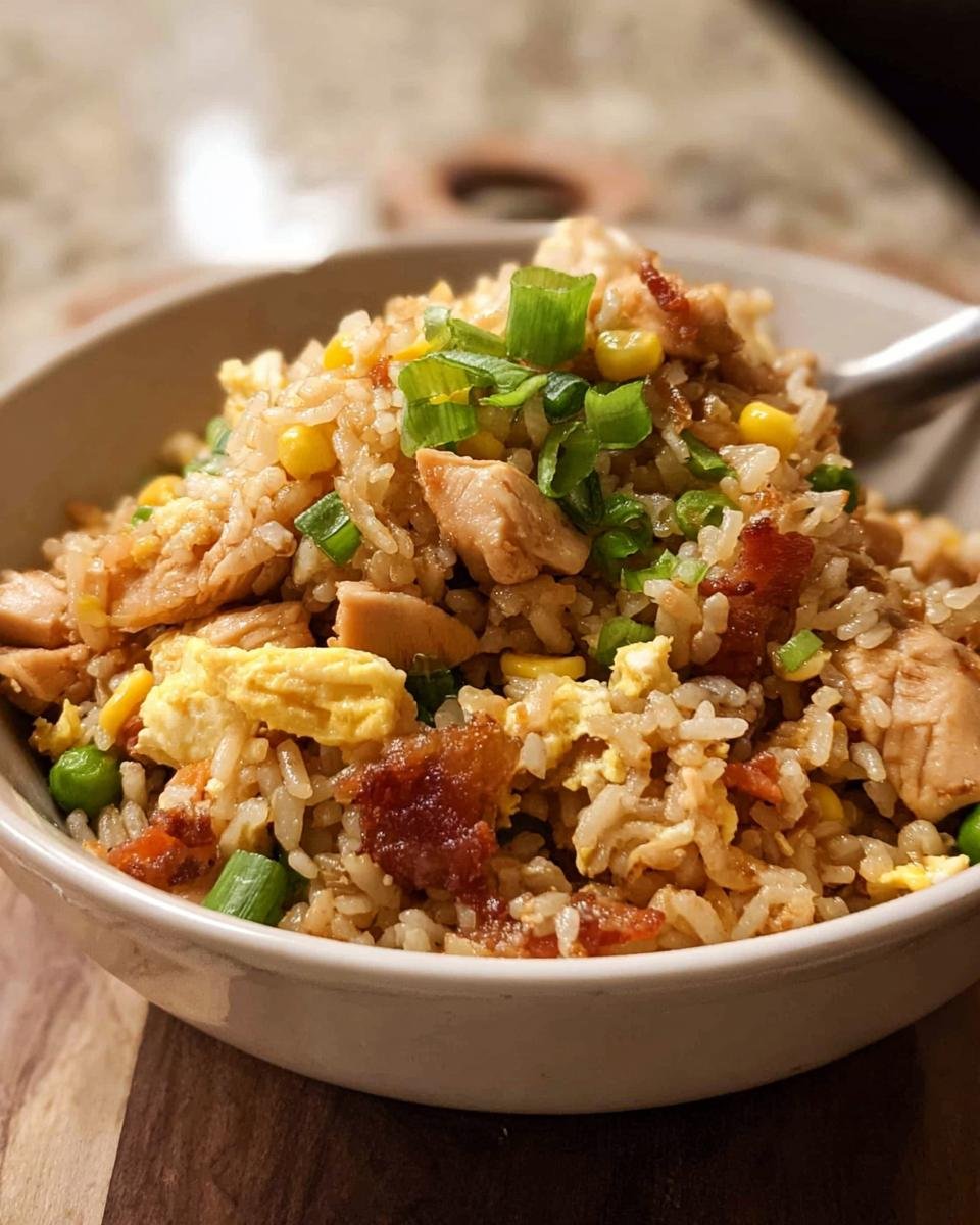 A close-up shot of a bowl filled with savory Chicken Fried Rice, featuring chunks of chicken, egg, peas, corn, and green onions.