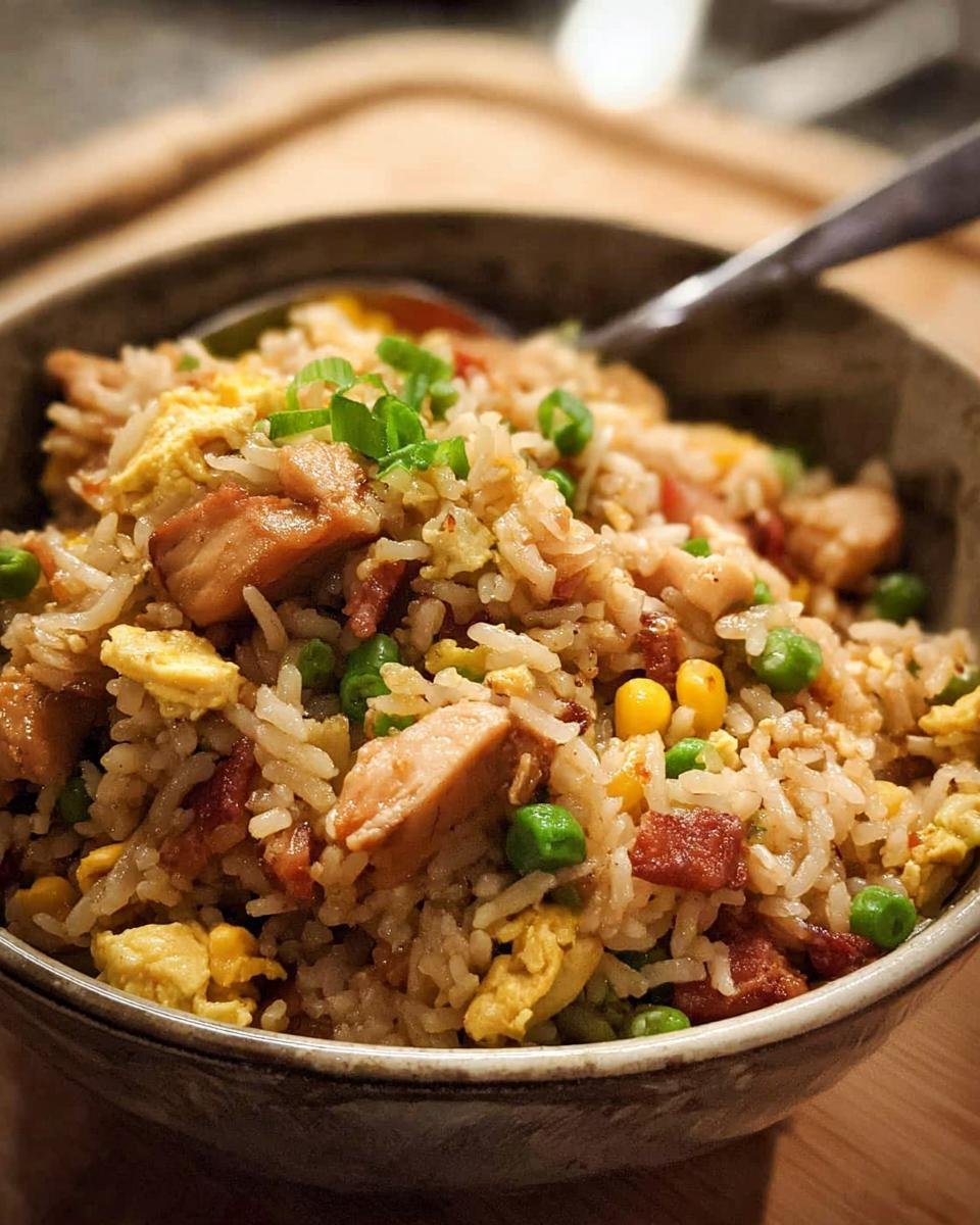 Close-up of a hearty bowl of Chicken Fried Rice mixed with scrambled egg, peas, corn, and garnished with green onions.