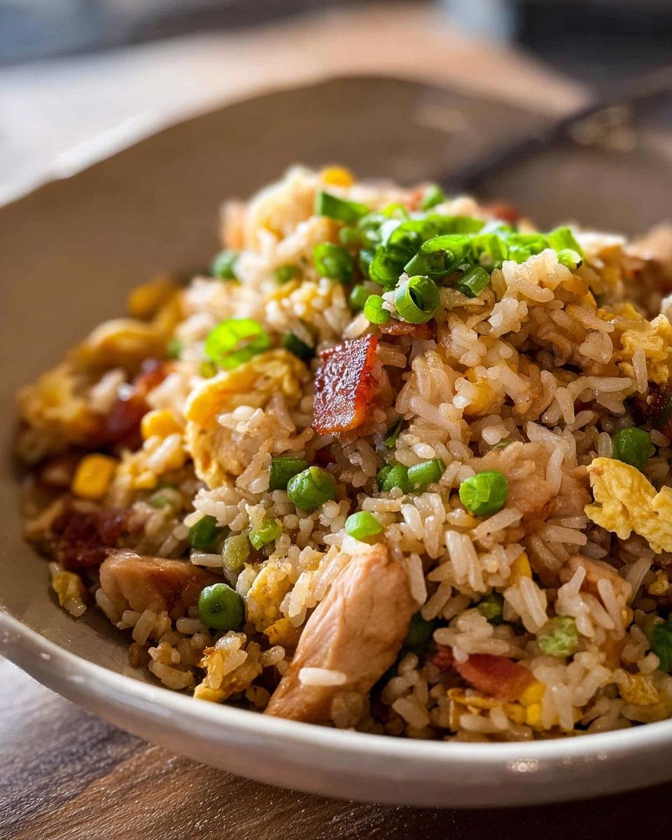 A close-up, appetizing shot of homemade Chicken Fried Rice topped with fresh scallions in a white bowl.