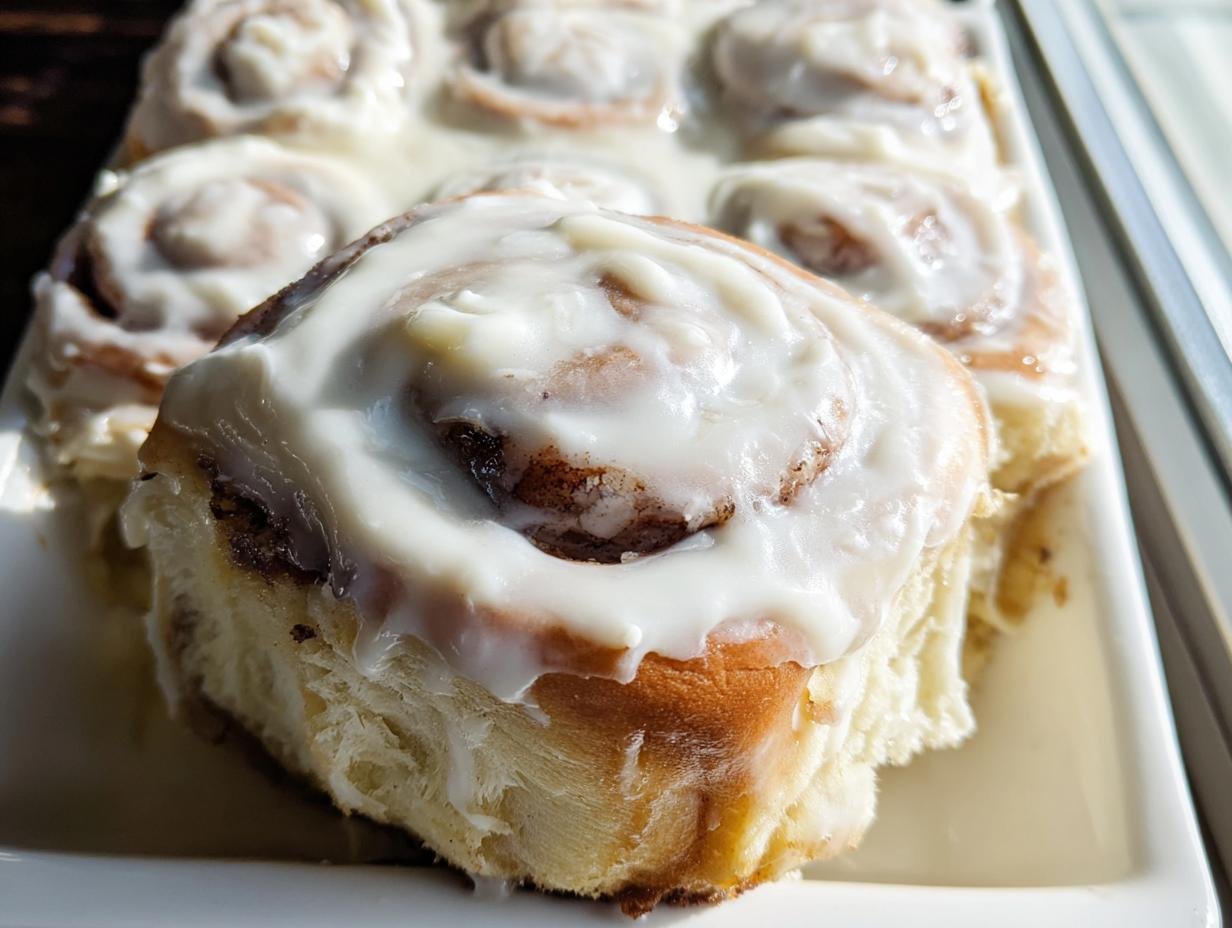 Close-up of freshly baked cinnabon rolls generously topped with thick white cream cheese frosting.