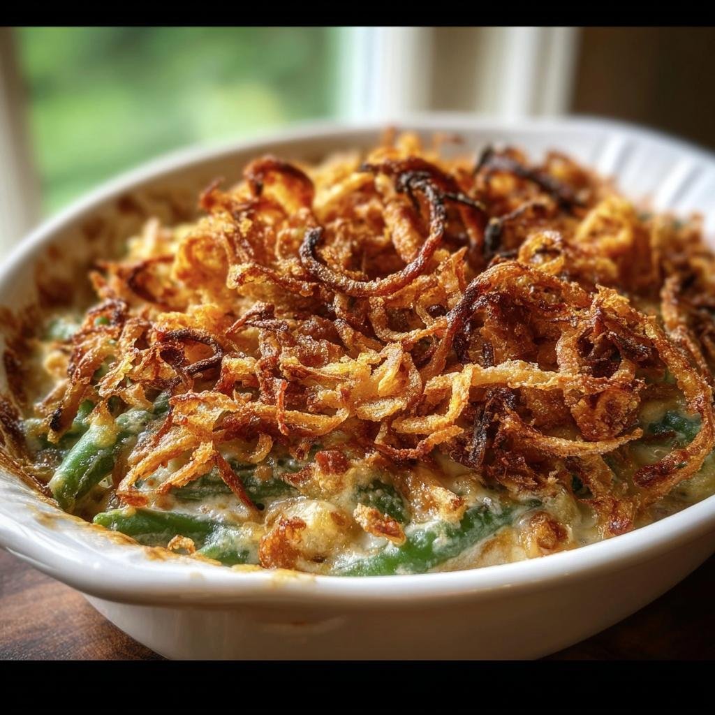 Close-up of a creamy Green Bean Casserole topped generously with crispy fried onions.