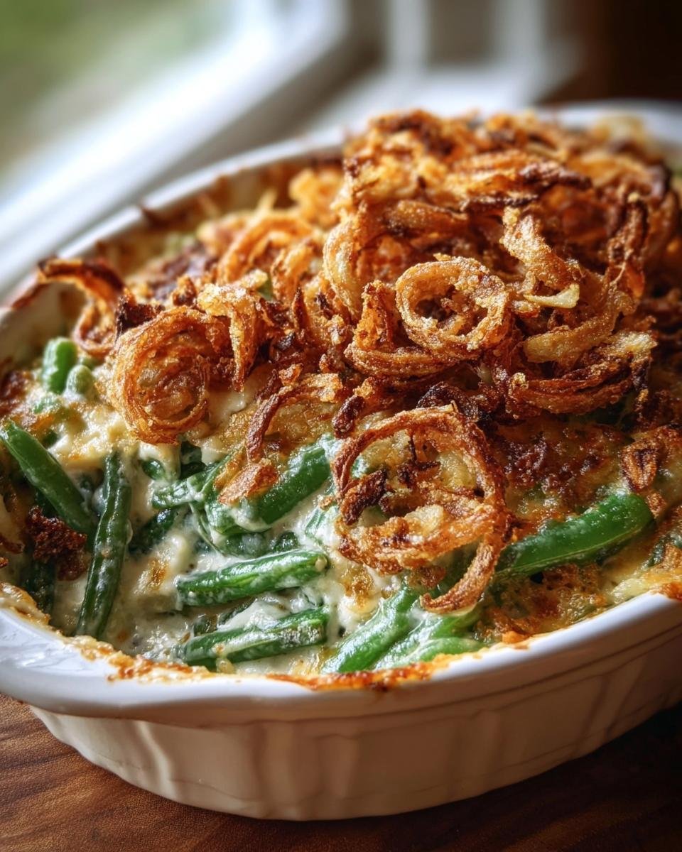 Close-up of a creamy Green Bean Casserole topped generously with crispy fried onions.