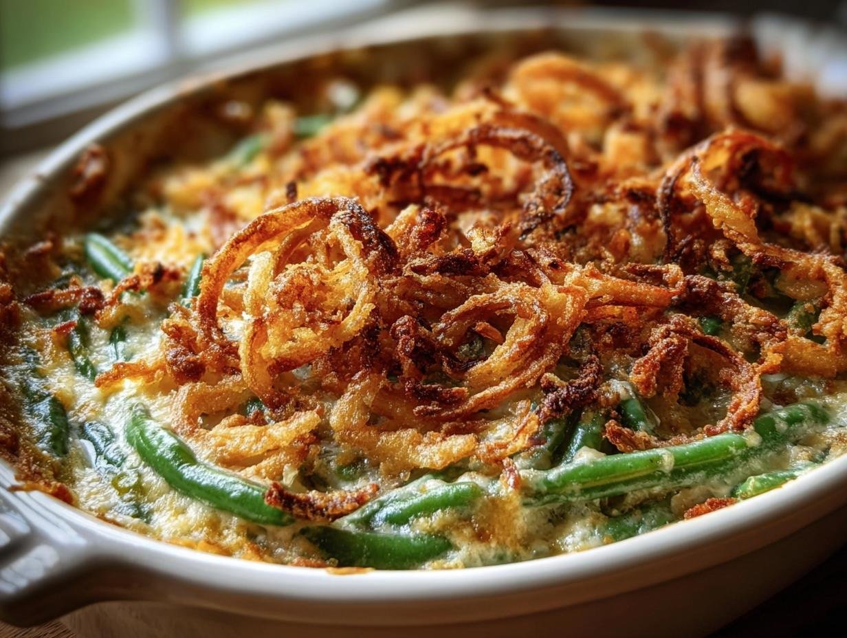 A close-up view of a creamy Green Bean Casserole topped with crispy fried onions.