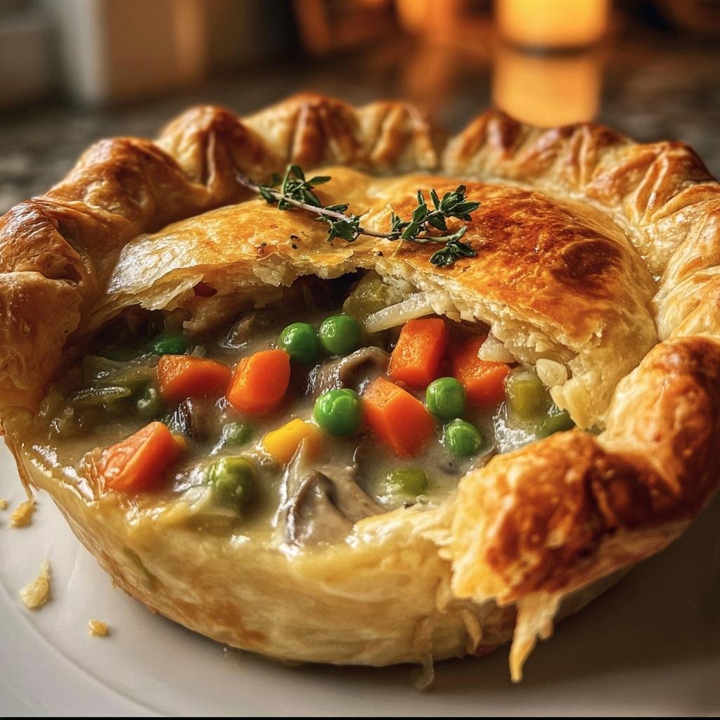 Close-up of a homemade Vegetable Pot Pie with a golden, flaky crust broken open to show creamy filling, carrots, and peas.