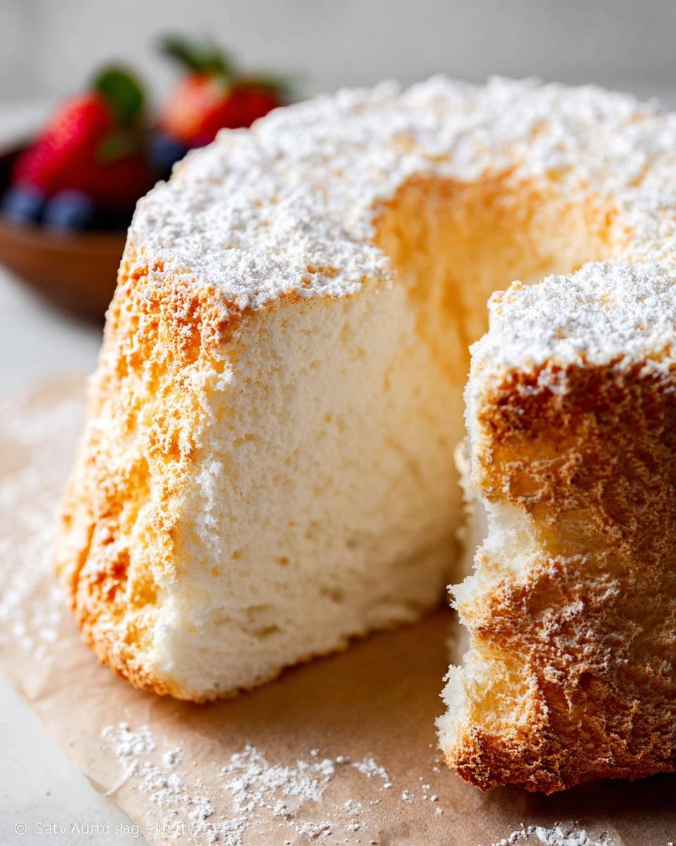 Close-up of a slice removed from an Angel Food Cake Light and Airy, dusted with powdered sugar.