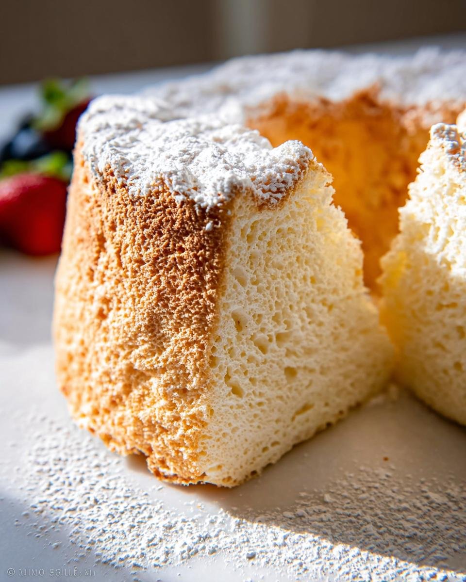 Close-up of a slice showing the airy, white interior texture of Angel Food Cake Light and Airy, dusted with powdered sugar.