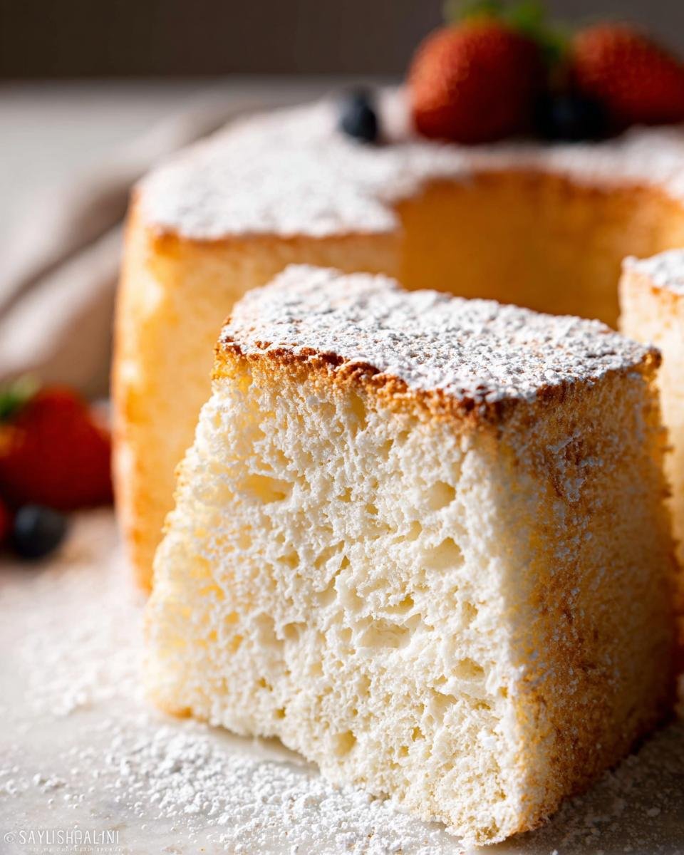 Close-up of a slice showing the incredibly airy, white crumb structure of the Angel Food Cake Light and Airy.