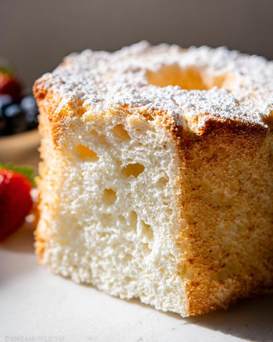 Close-up of a slice showing the airy, white crumb texture of Angel Food Cake Light and Airy, dusted with powdered sugar.