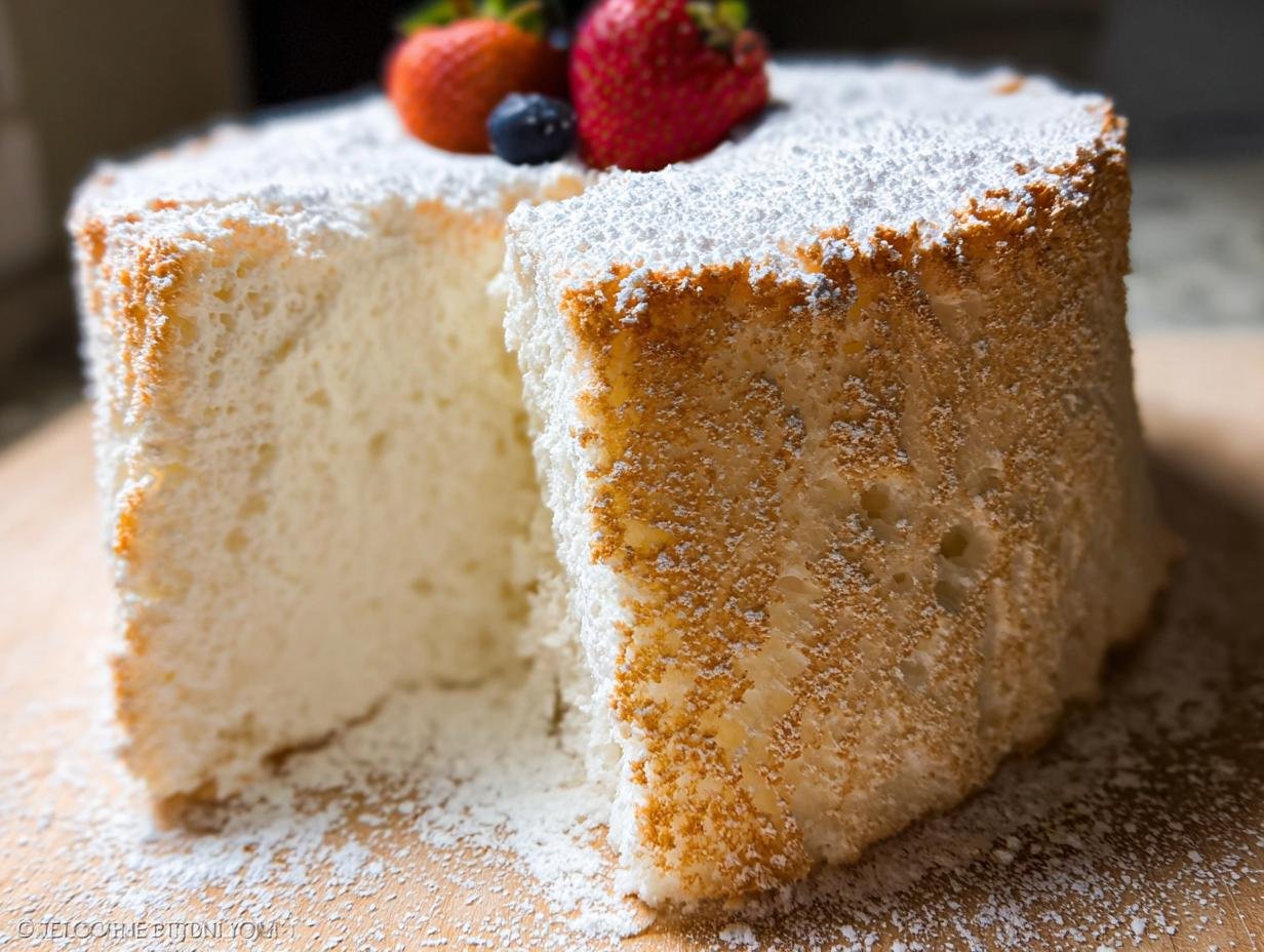 A tall slice of Angel Food Cake Light and Airy, dusted with powdered sugar and topped with fresh strawberries and a blueberry.