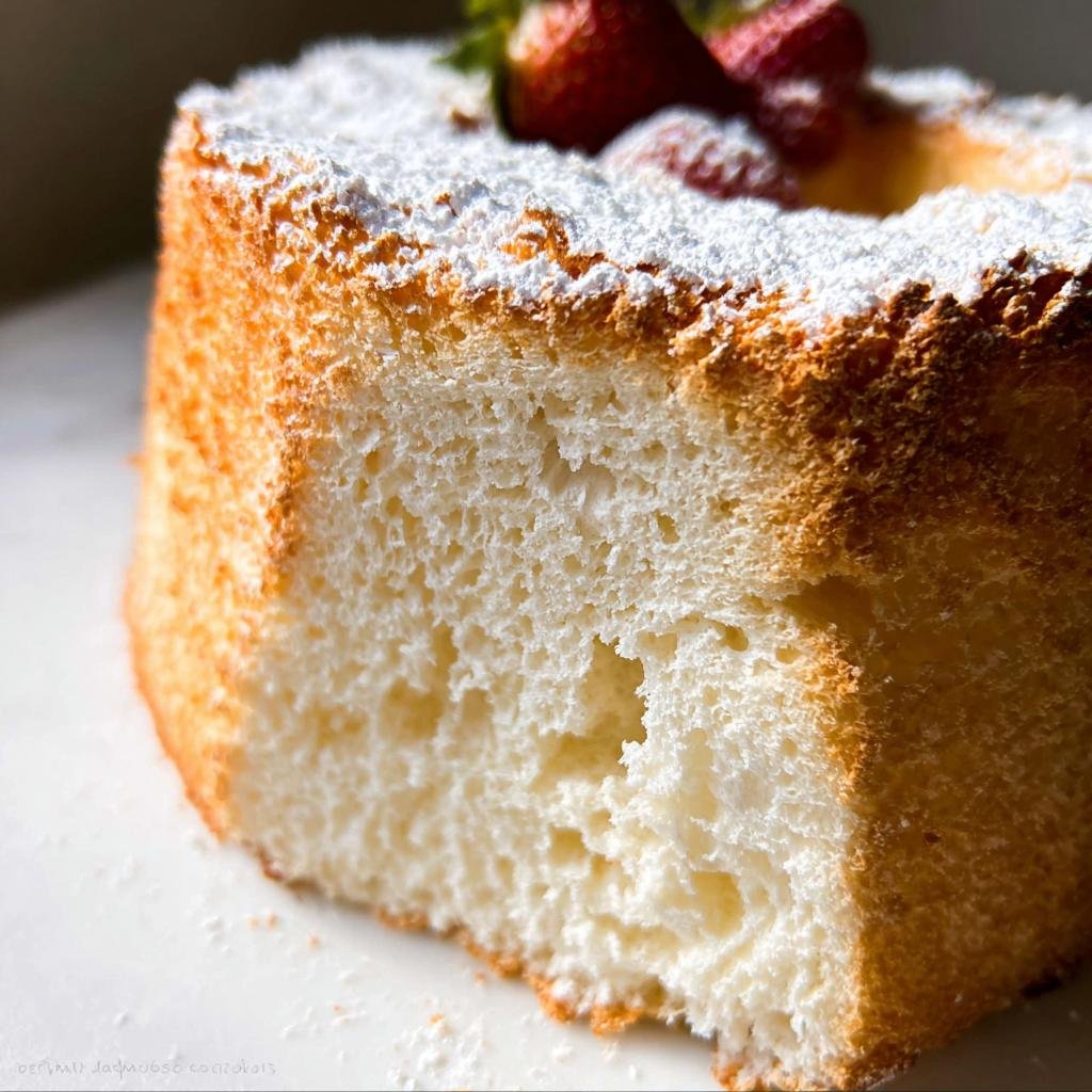 A close-up slice showing the incredibly airy, white crumb structure of the Angel Food Cake Light and Airy.