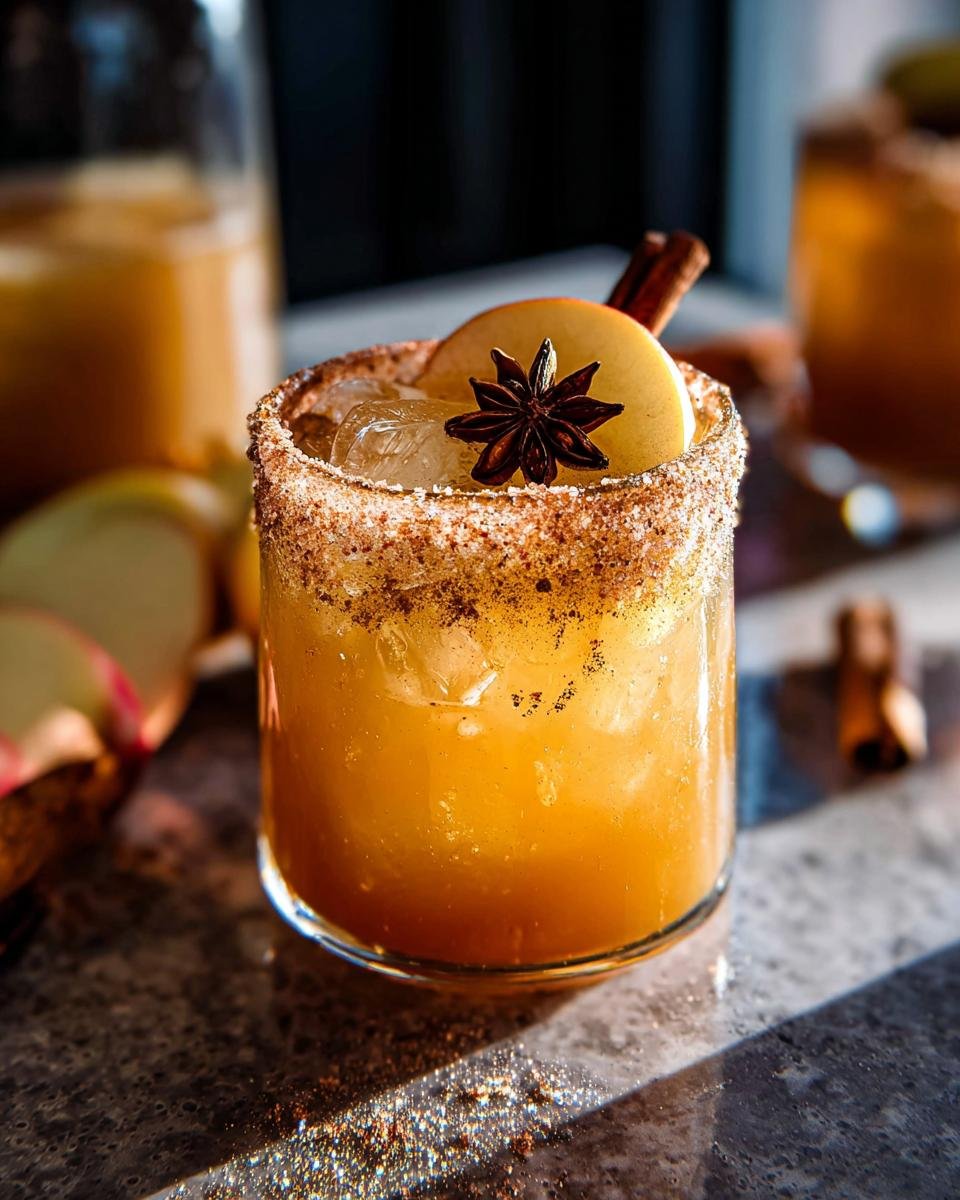 Close-up of a glass filled with Apple Cider Punch, featuring a cinnamon-sugar rim, apple slice, and star anise garnish.