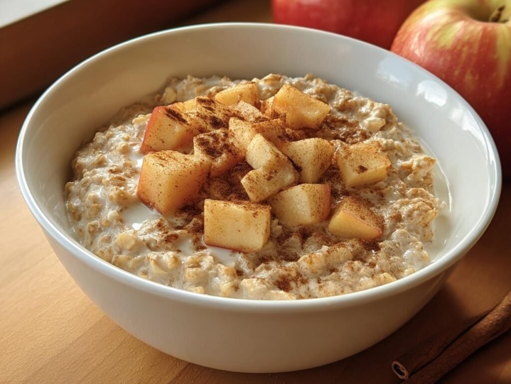 A white bowl filled with creamy Apple Cinnamon Oatmeal, topped with diced apples and cinnamon.