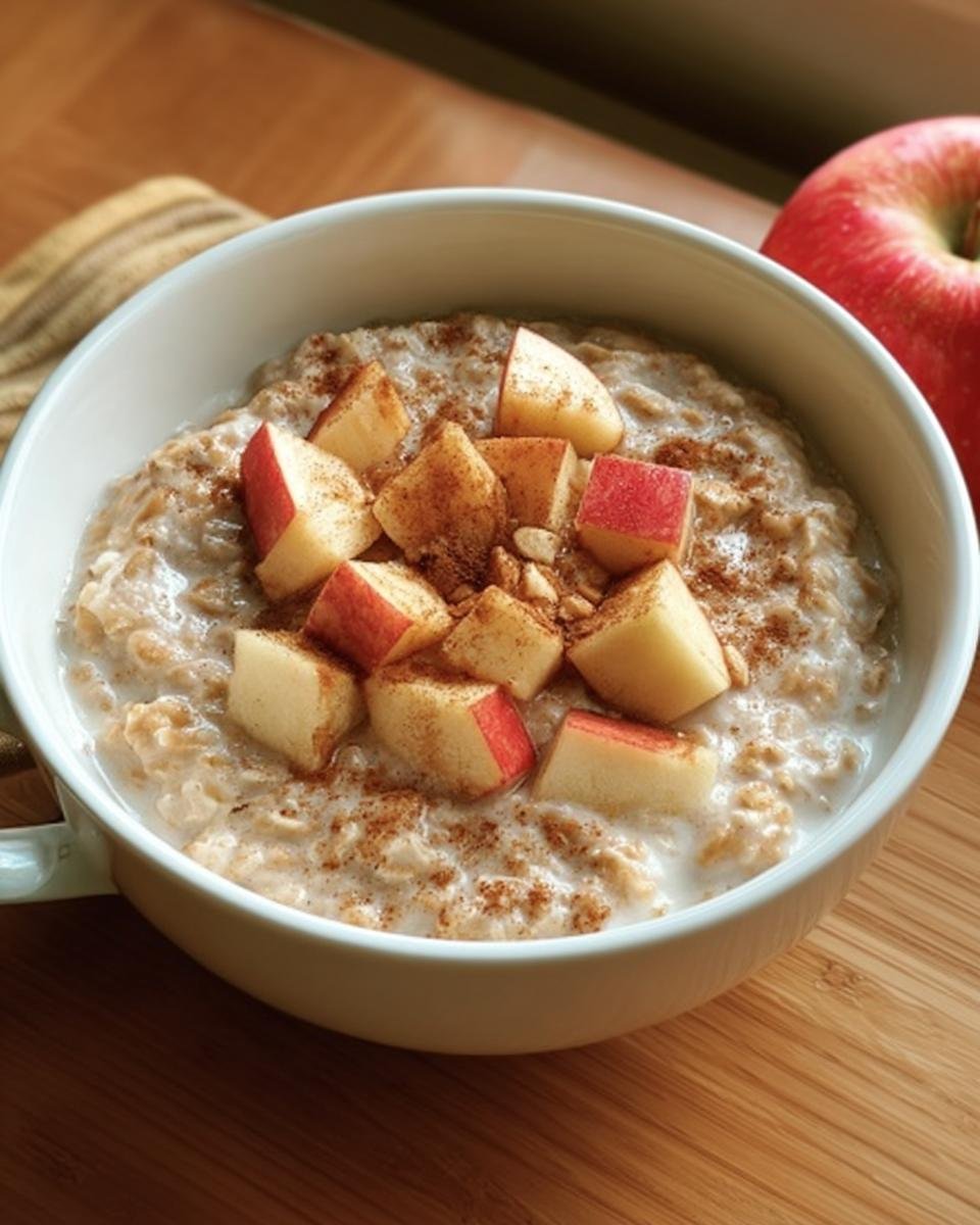 A white bowl filled with creamy Apple Cinnamon Oatmeal, topped with diced red apples and a sprinkle of cinnamon.