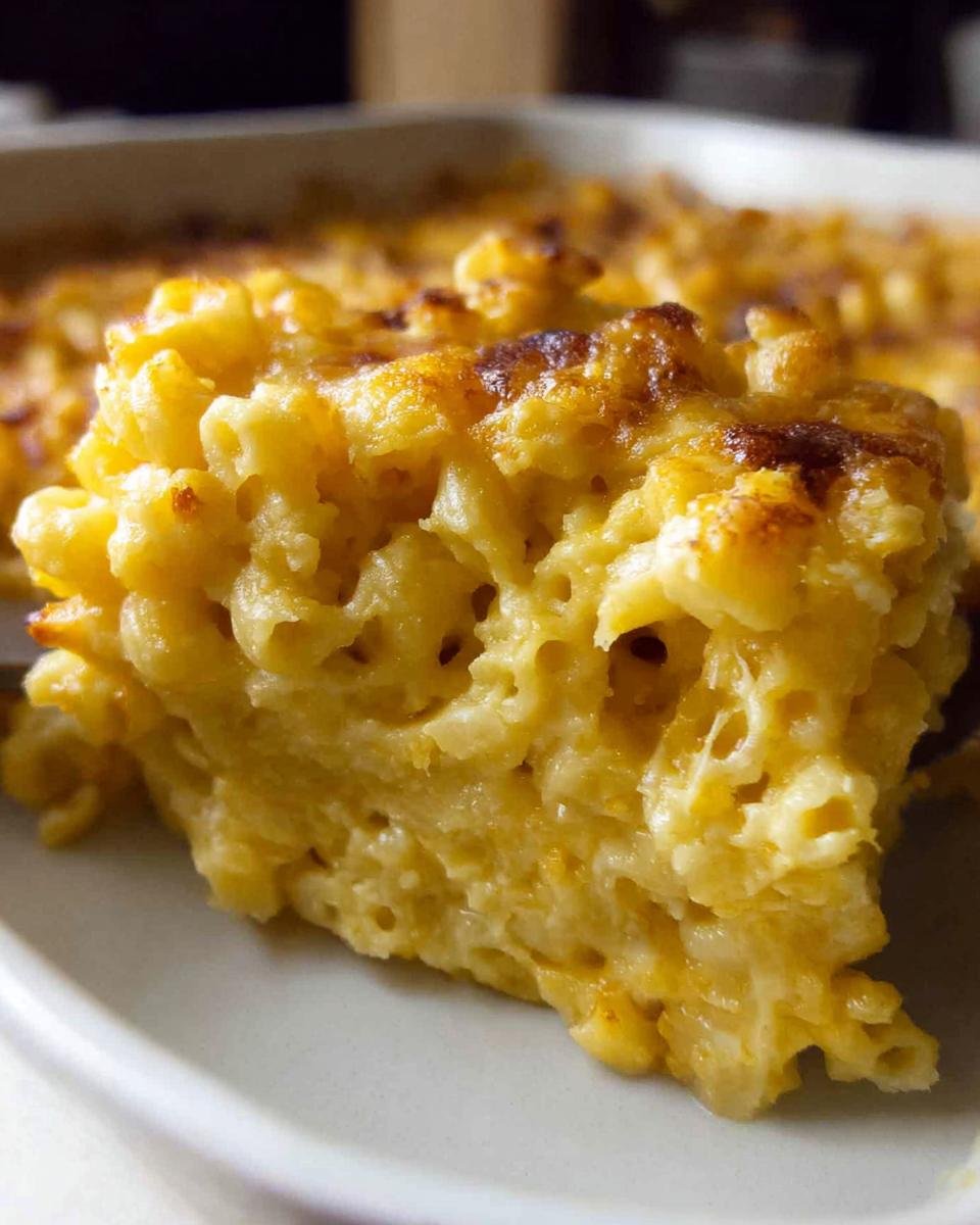 Close-up of a creamy, baked serving of Mac and Cheese being lifted from a dish, showing a golden, bubbly crust.