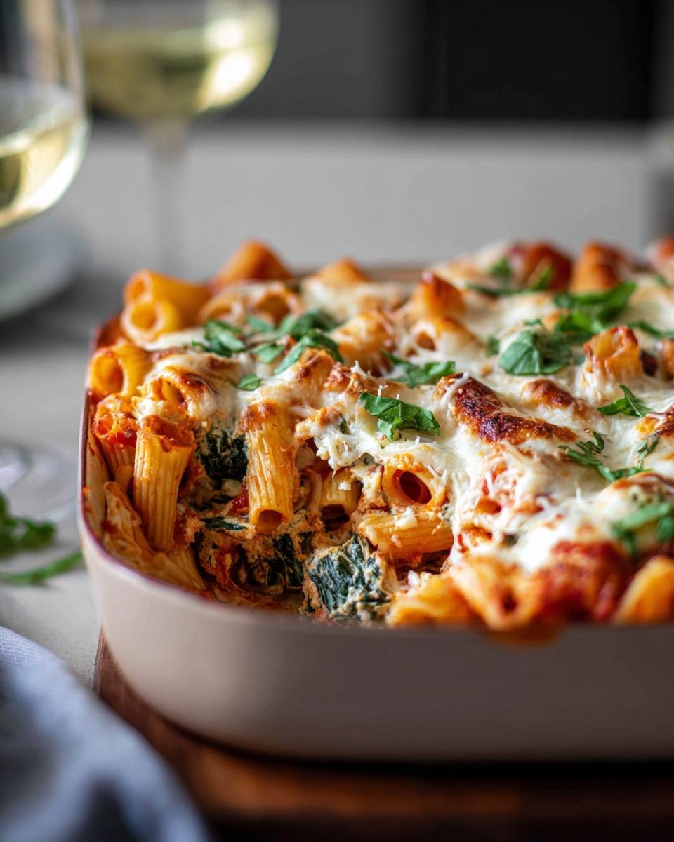 Close-up of baked ziti or rigatoni pasta casserole with melted cheese, perfect for budget-friendly dinners.