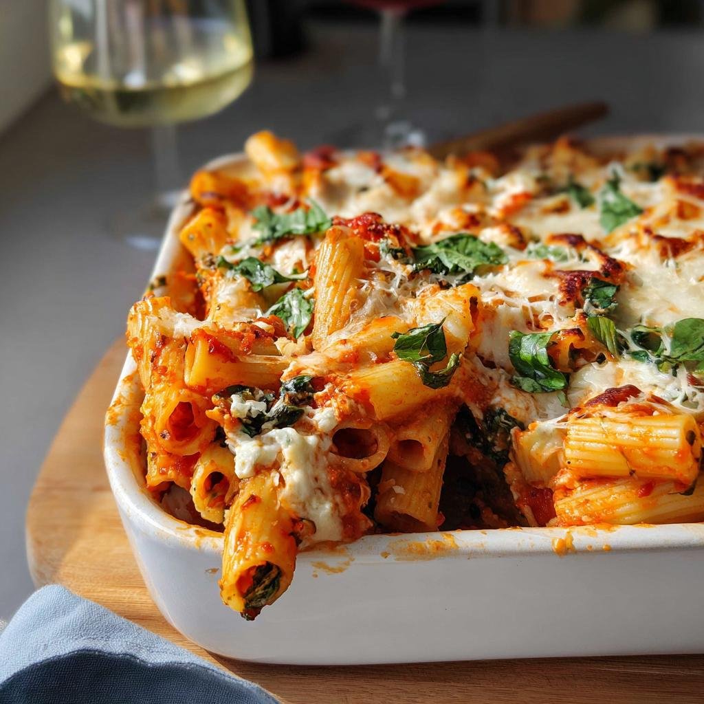 Close-up of baked ziti or rigatoni pasta dish with melted cheese and basil, perfect for budget-friendly dinners.
