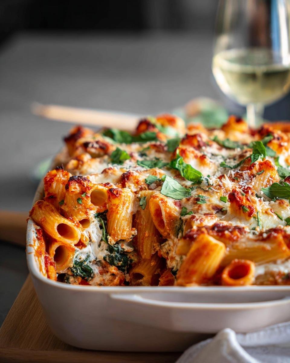 Close-up of baked ziti pasta casserole with melted cheese and basil, a great option for Budget-Friendly Dinners.
