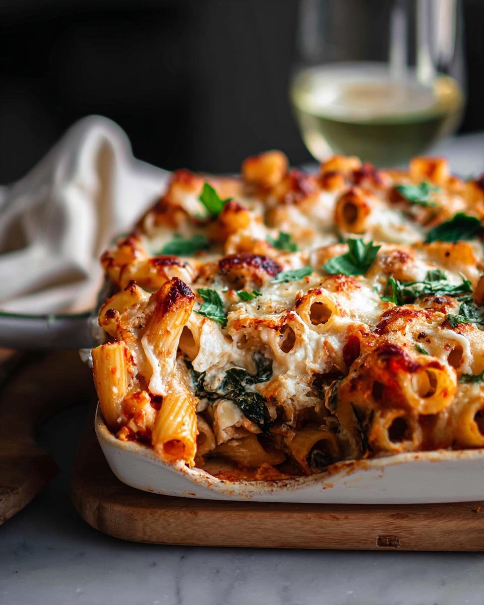 Close-up of baked ziti or rigatoni pasta casserole, bubbling with cheese, a perfect example of Budget-Friendly Dinners.