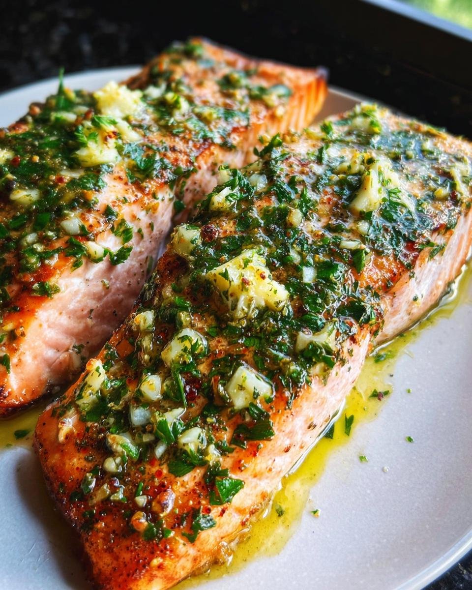 Close-up of two fillets of Baked Salmon with Garlic Herb Butter, glistening with melted butter and fresh herbs.