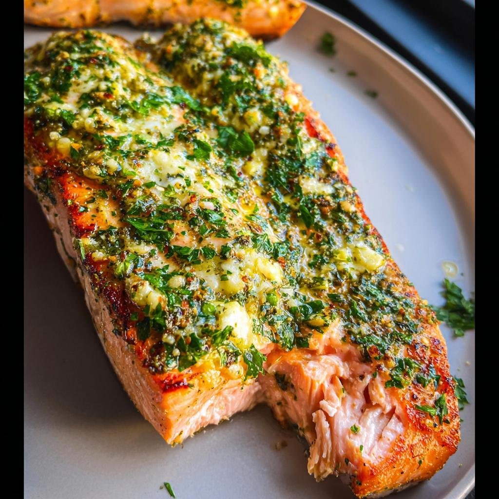 Close-up of flaky, perfectly cooked Baked Salmon with Garlic Herb Butter, showing the moist interior.