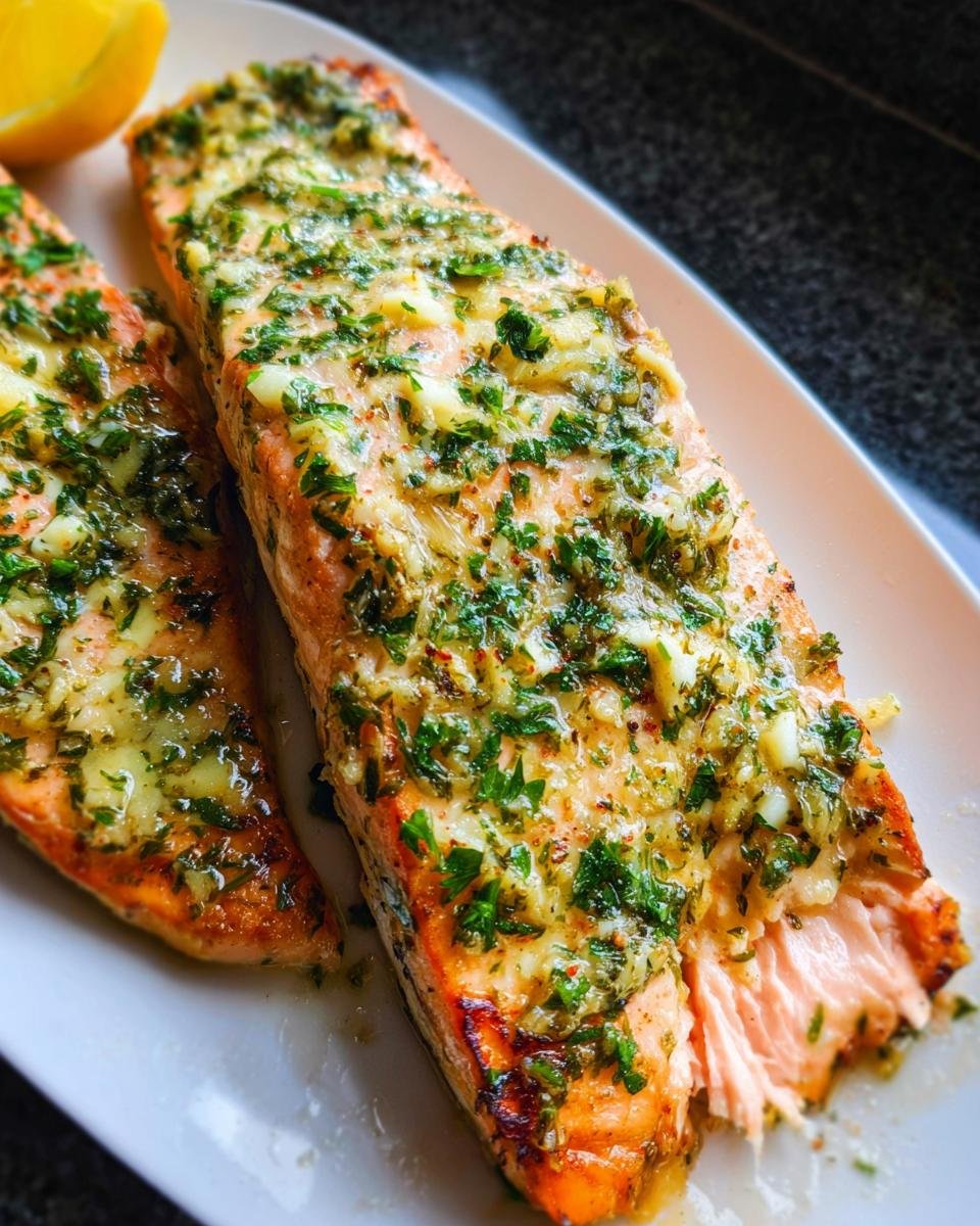 Two fillets of Baked Salmon with Garlic Herb Butter served on a white plate with a lemon wedge.