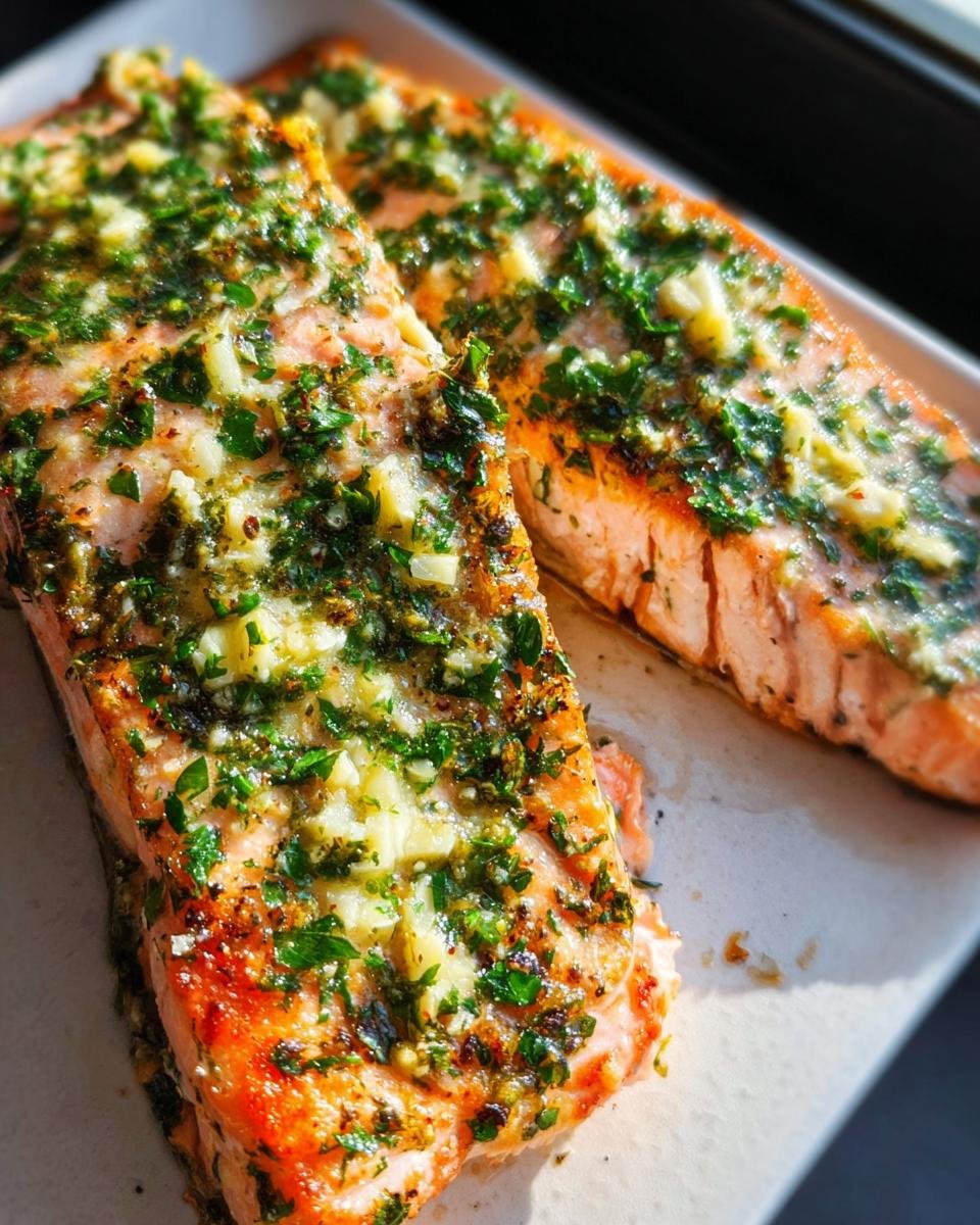 Two fillets of perfectly cooked Baked Salmon with Garlic Herb Butter, topped with visible chunks of garlic and fresh parsley.