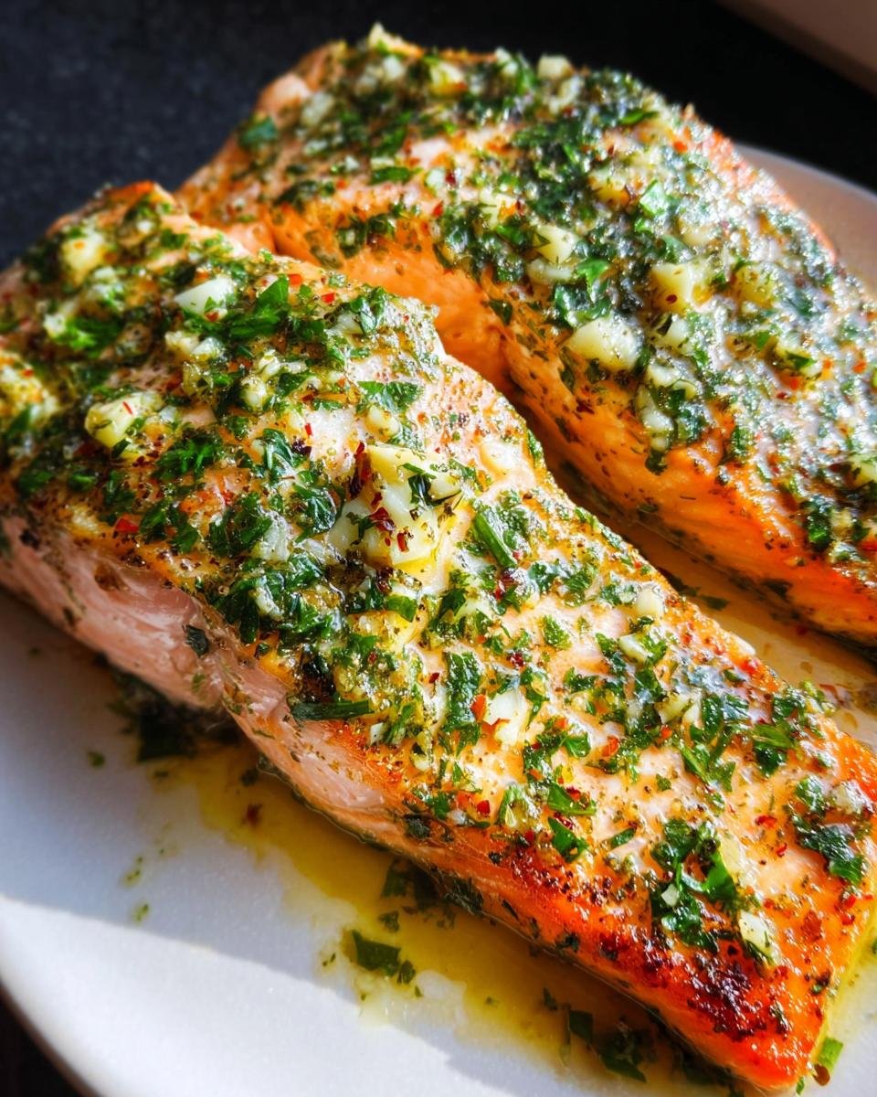 Two fillets of perfectly cooked Baked Salmon with Garlic Herb Butter glistening on a white plate.